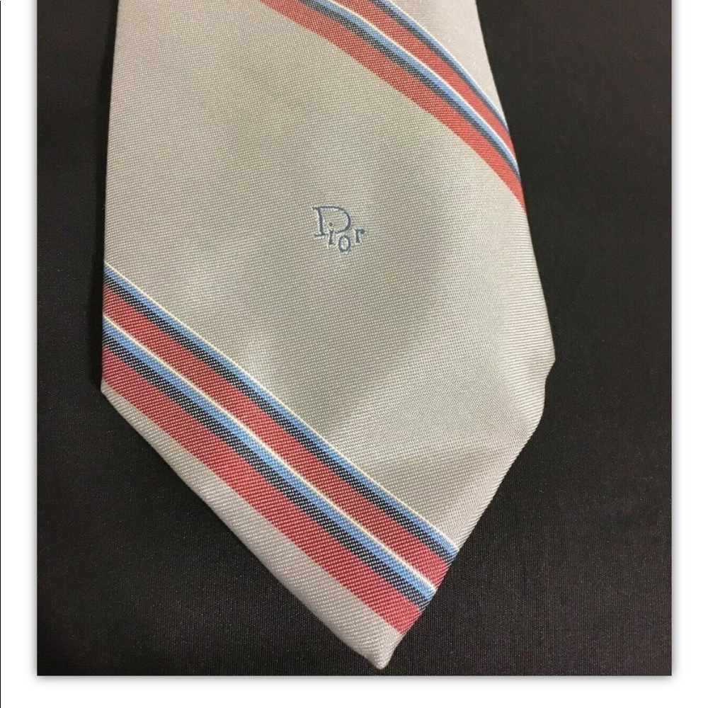 VTG Vintage Christian Dior "Dior" logo Tie Grey/Red/White/Blue Stripped Designer